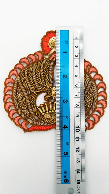 Embroidered Applique With Gold Zardozi Embroidery, Beads and Sequins, Blush Pink And Orange Appliqué Patch